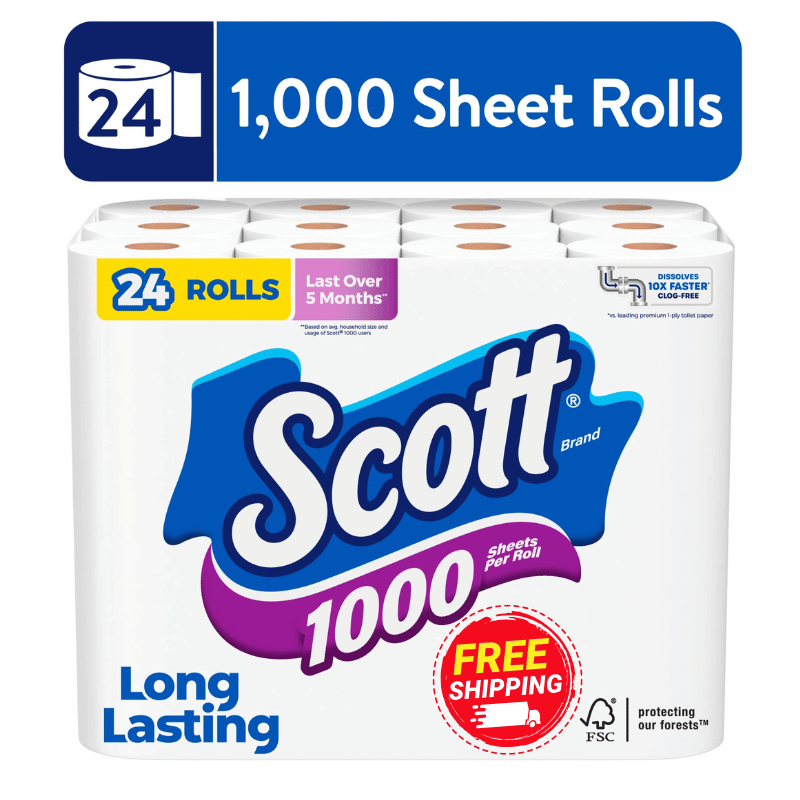Scott 1000 Toilet Paper, 24 Rolls, 1,000 Sheets per Roll